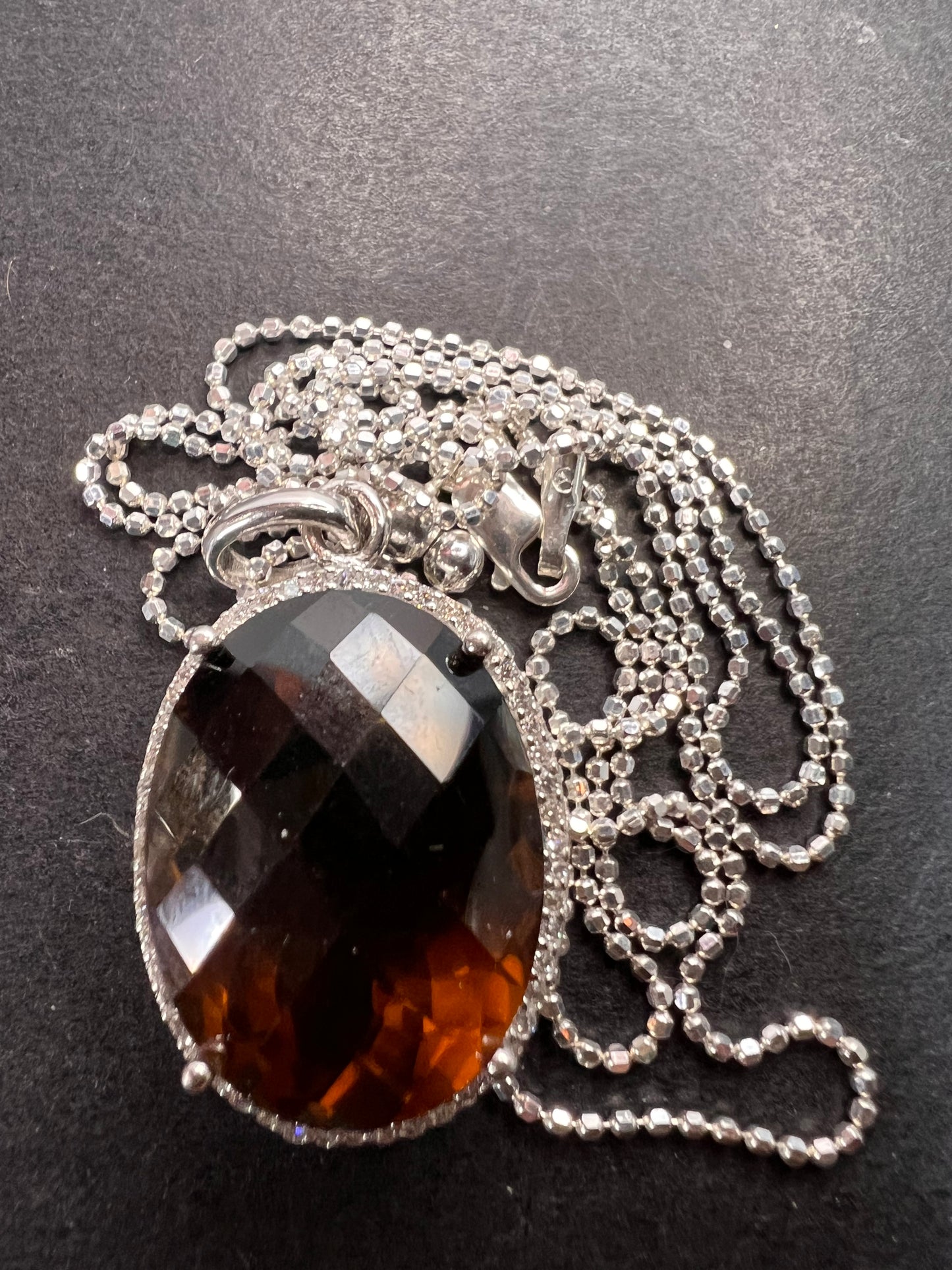 Cognac Quartz sterling silver halo pendant and chain