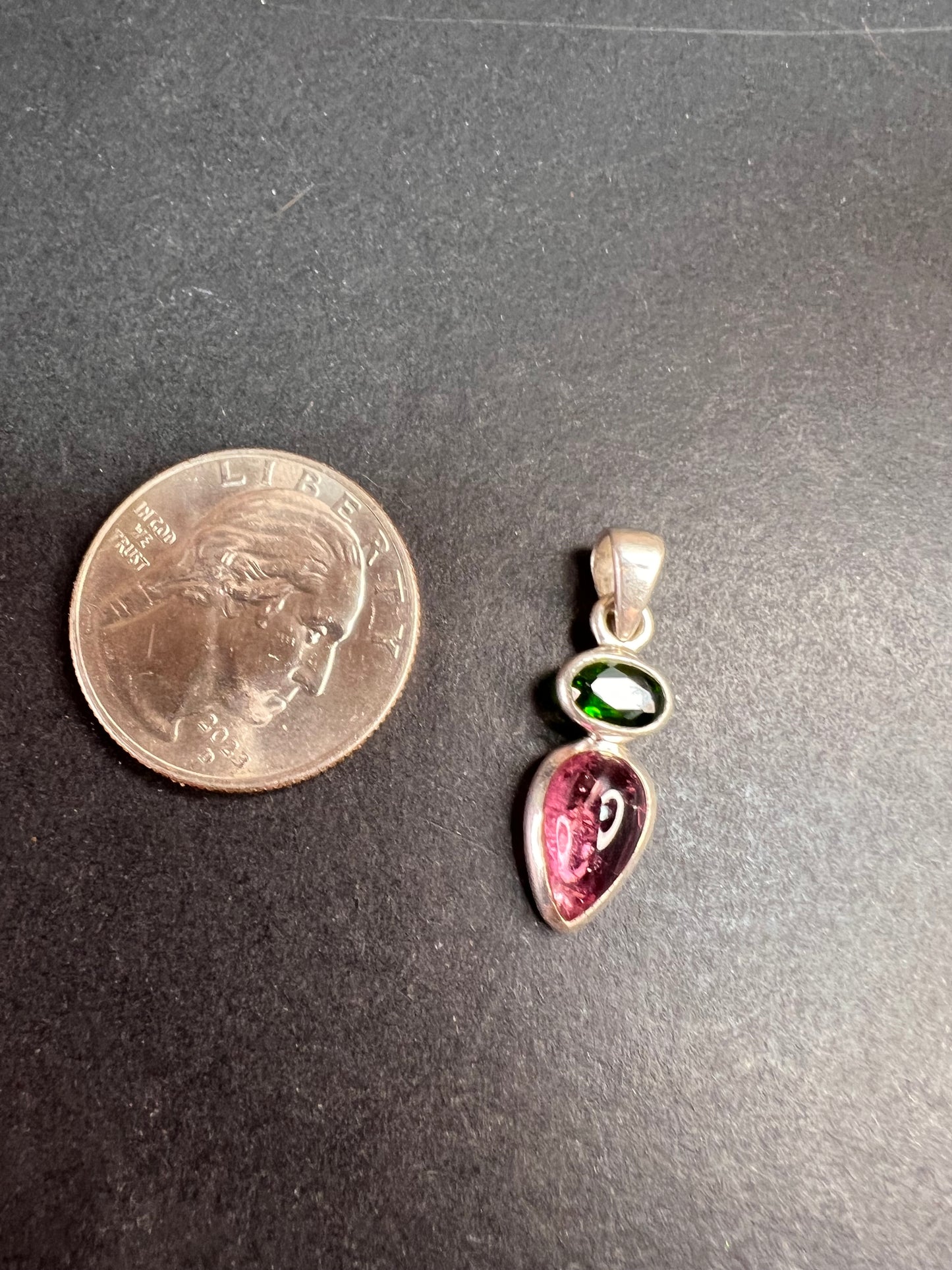 NEW Pink tourmaline and chrome diopside sterling silver pendant 1.75 grams