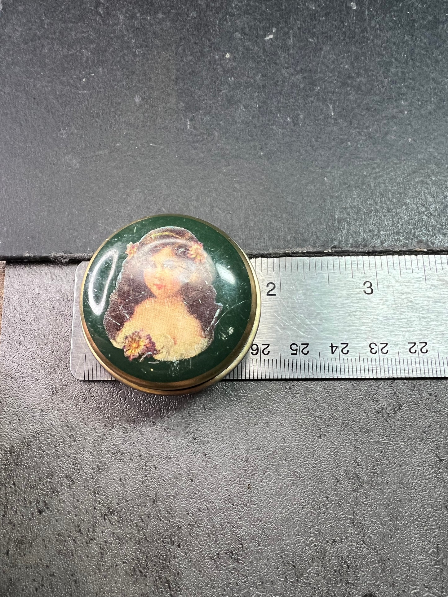 Vintage Art Nouveau Style Candy Tin Lady Portrait Green Round Tin