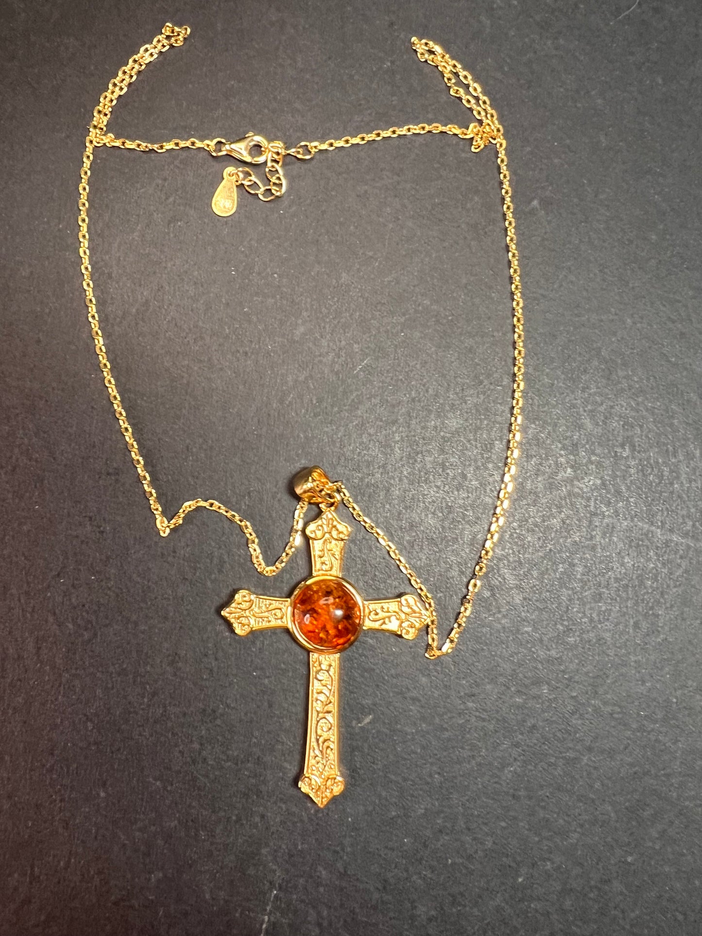 NEW Baltic Amber cross pendant in gold over sterling silver