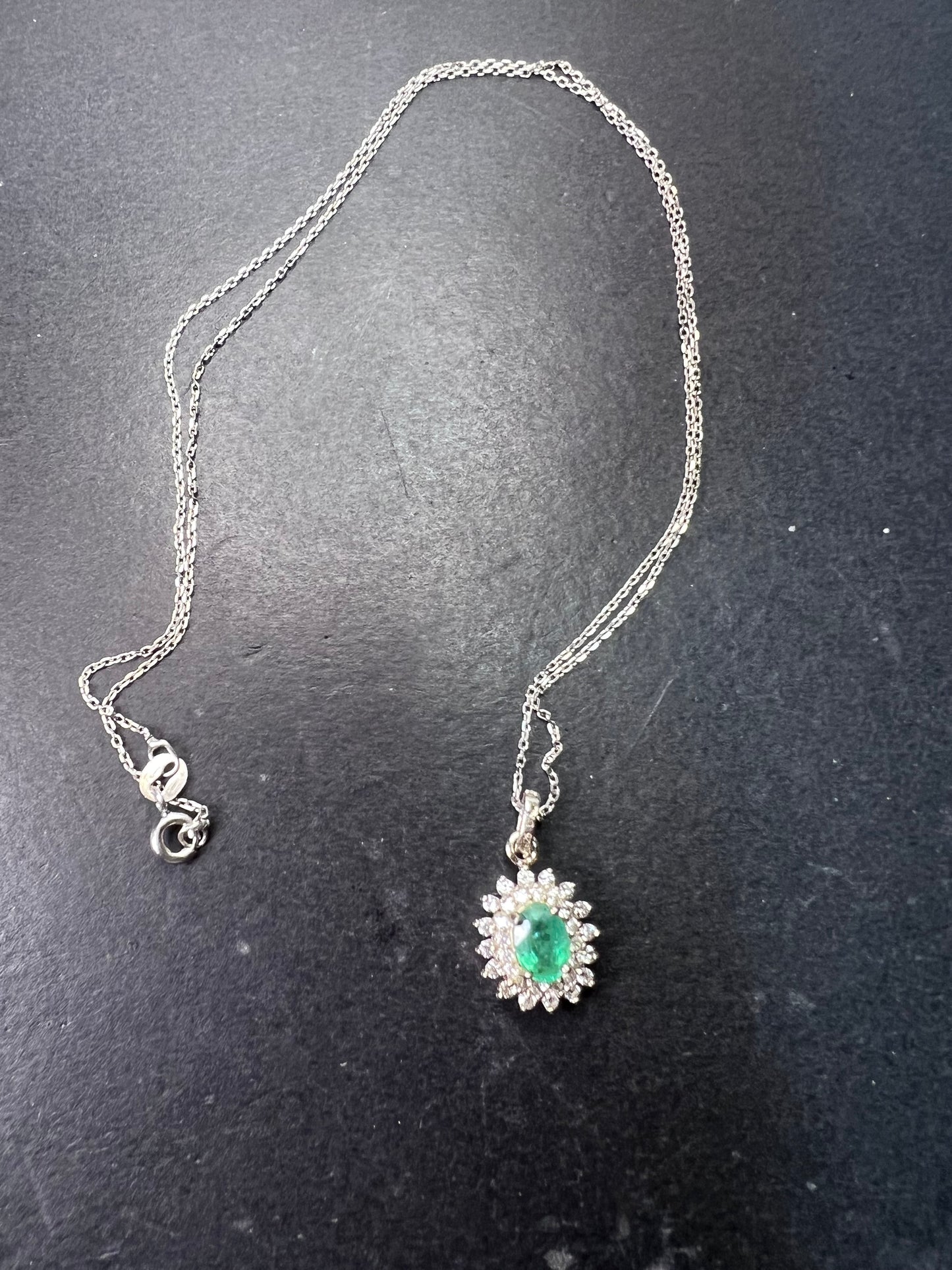 Zambian Emerald and White Zircon Sunburst Pendant Necklace 18 Inches in Platinum Over Sterling Silver 1.50 ctw
