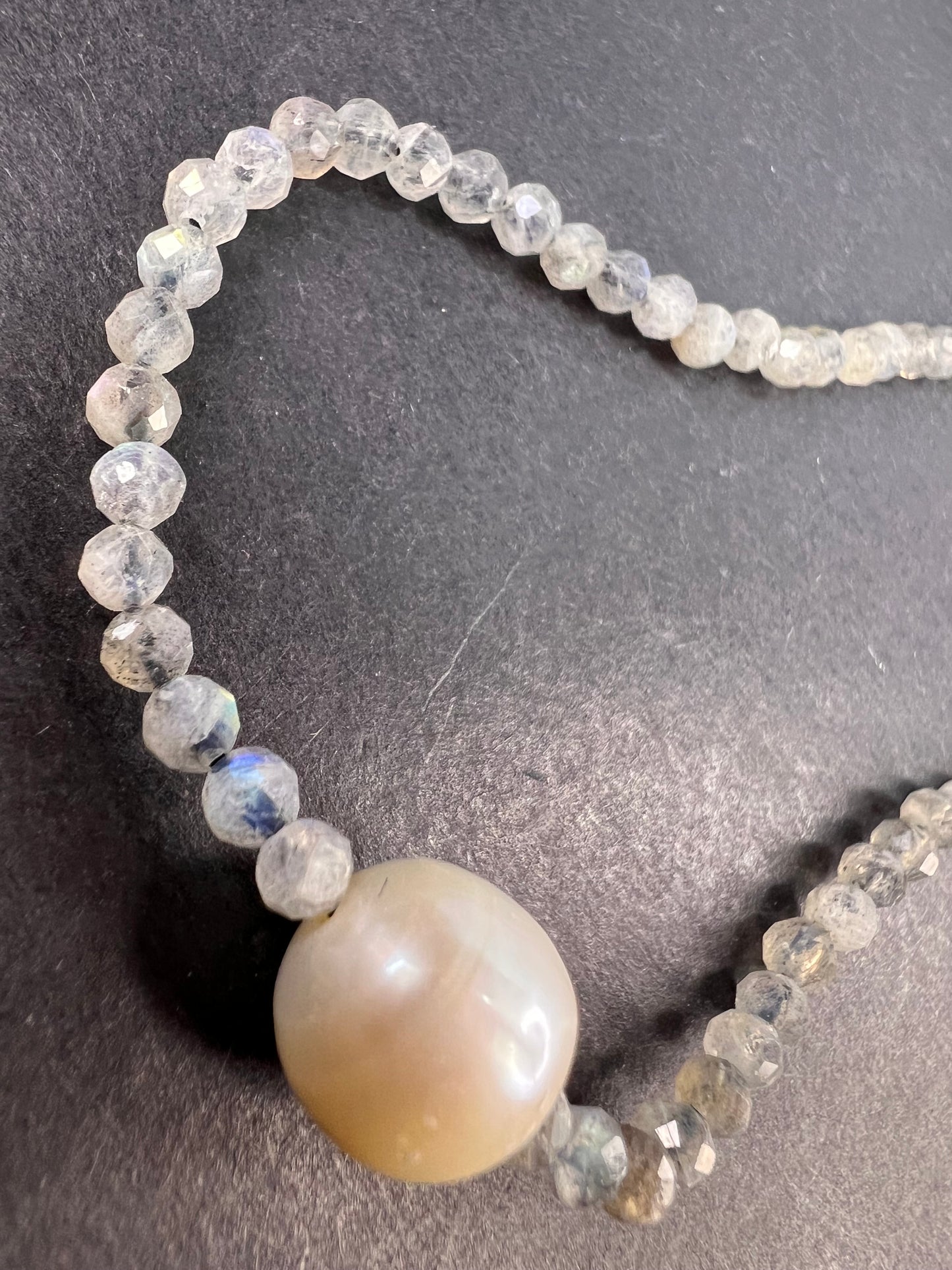 Labradorite and cultured pearl necklace with sterling silver lobster claw clasp