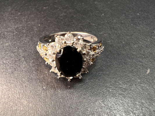 NEW Elite Shungite and zircon halo ring in vermeil and rhodium over sterling silver size 8