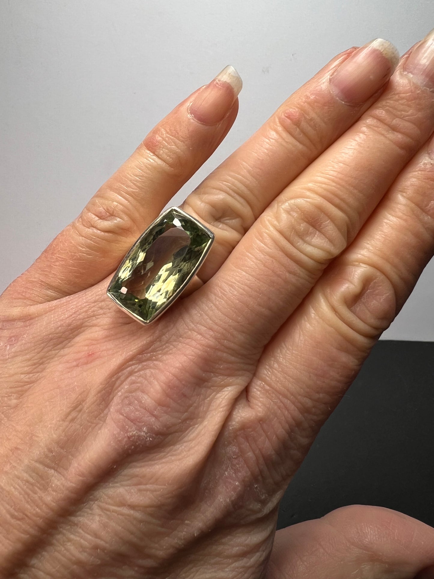 NEW cushion cut Prasiolite sterling silver ring size 7 10.83 grams