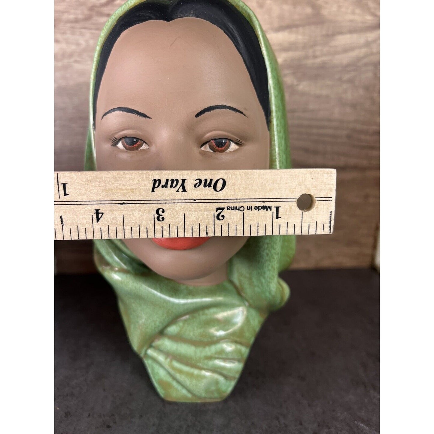 Vintage Female Head Bust Hand Painted Chalk Ware Green Head Scarf Ceramic