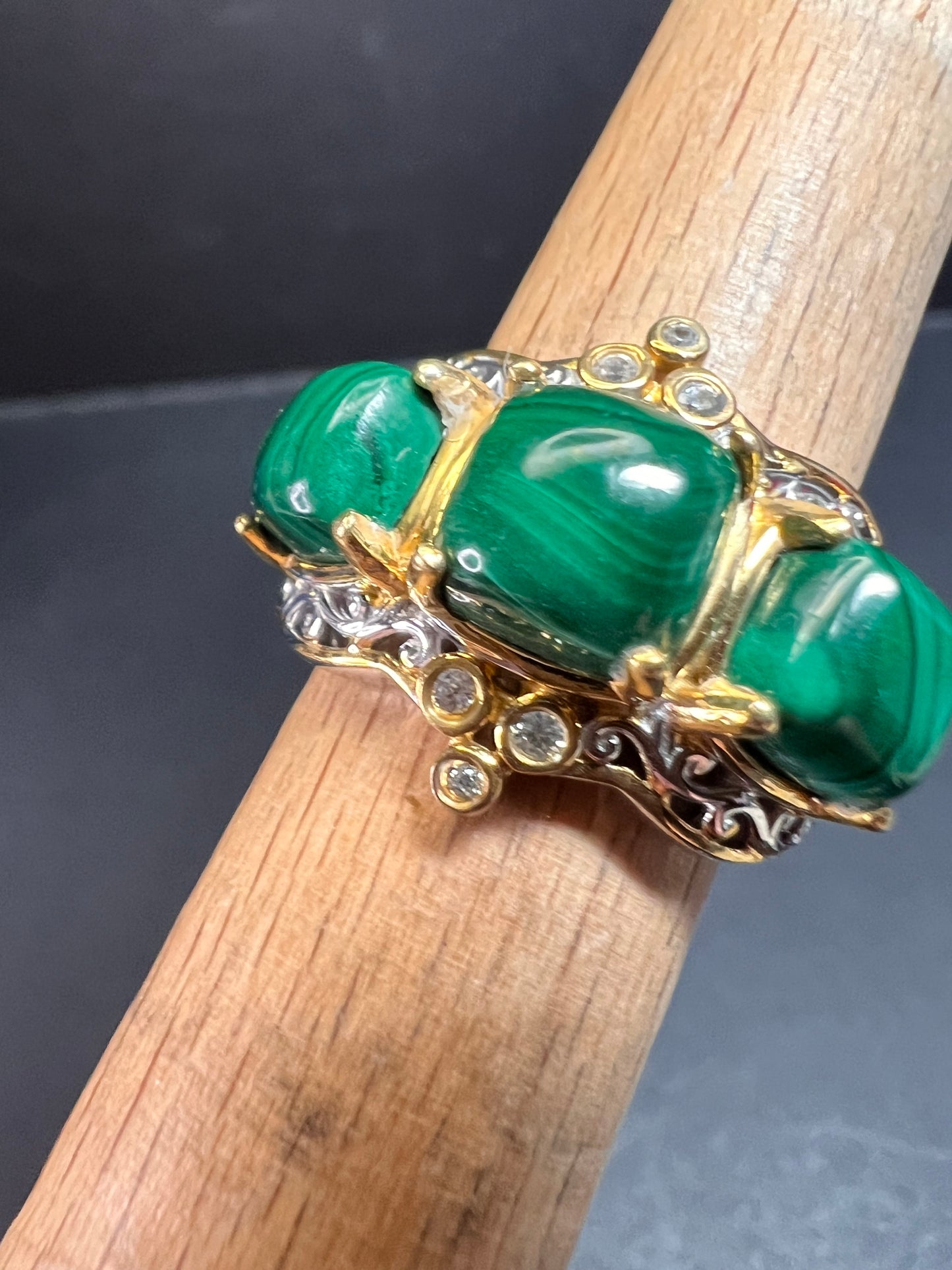 NEW Malachite and zircon two toned ring in vermeil and rhodium over sterling silver size 7