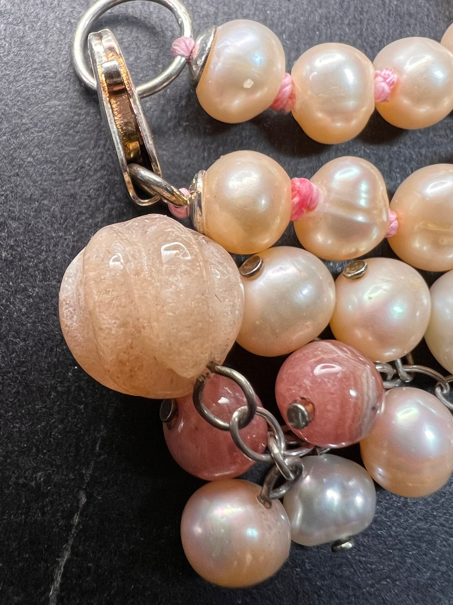 NEW freshwater pearl, rhodochrosite and morganite necklace with sterling silver clasp