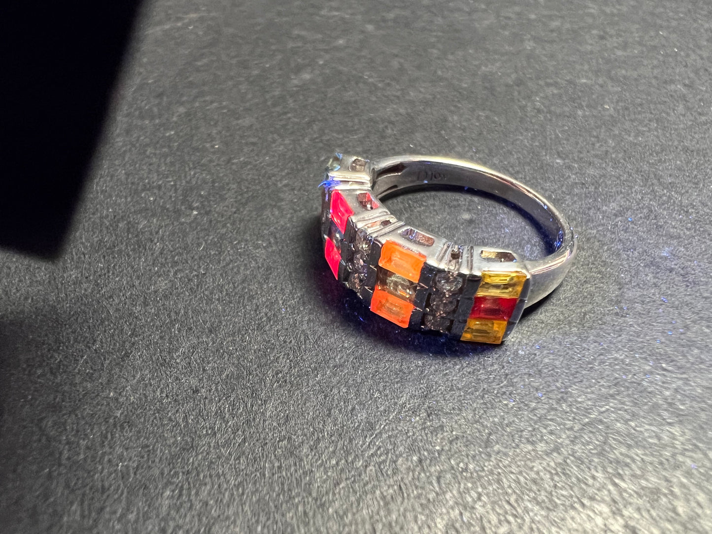 NEW multi sapphire and moissanite art deco style ring in rhodium over sterling silver size 5