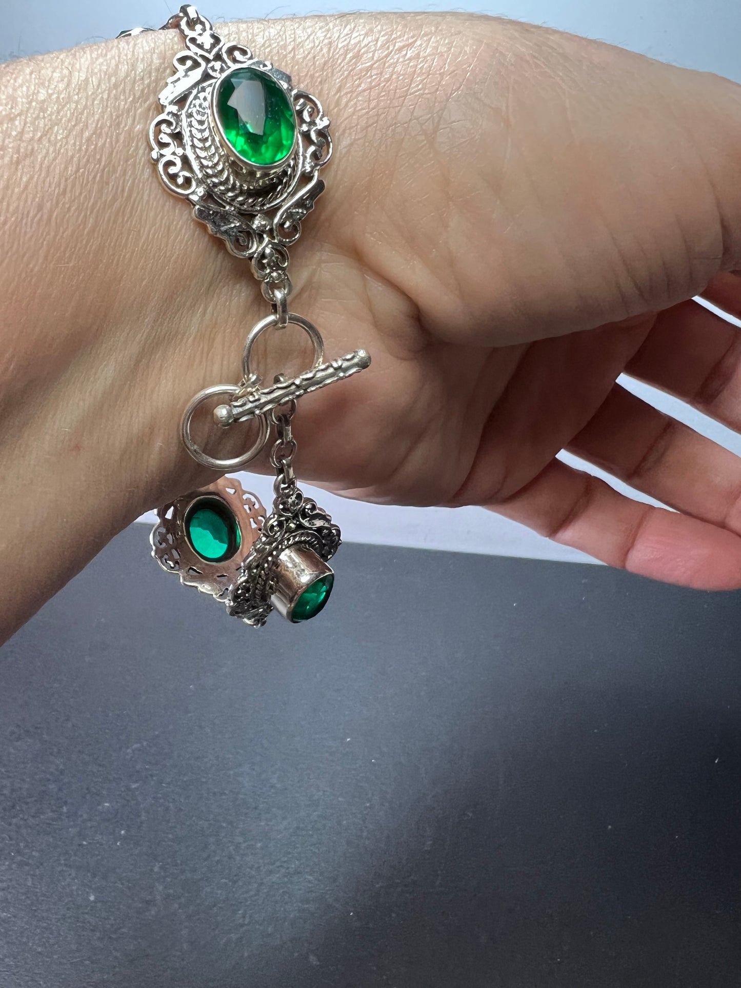 The Green Queen vintage Sterling silver toggle bracelet with green quartz