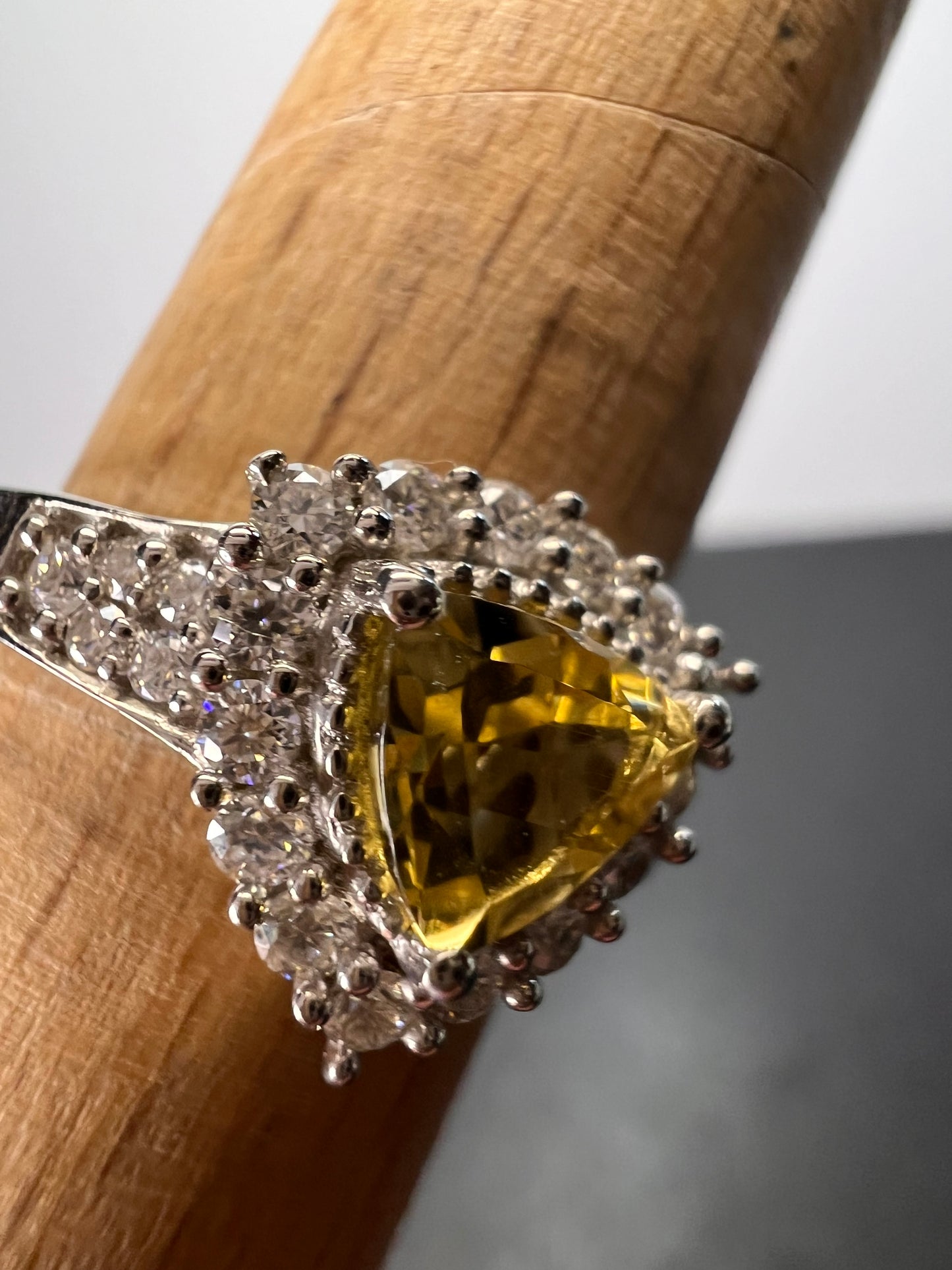 NEW yellow beryl and moissanite halo ring in platinum over sterling silver-size 7