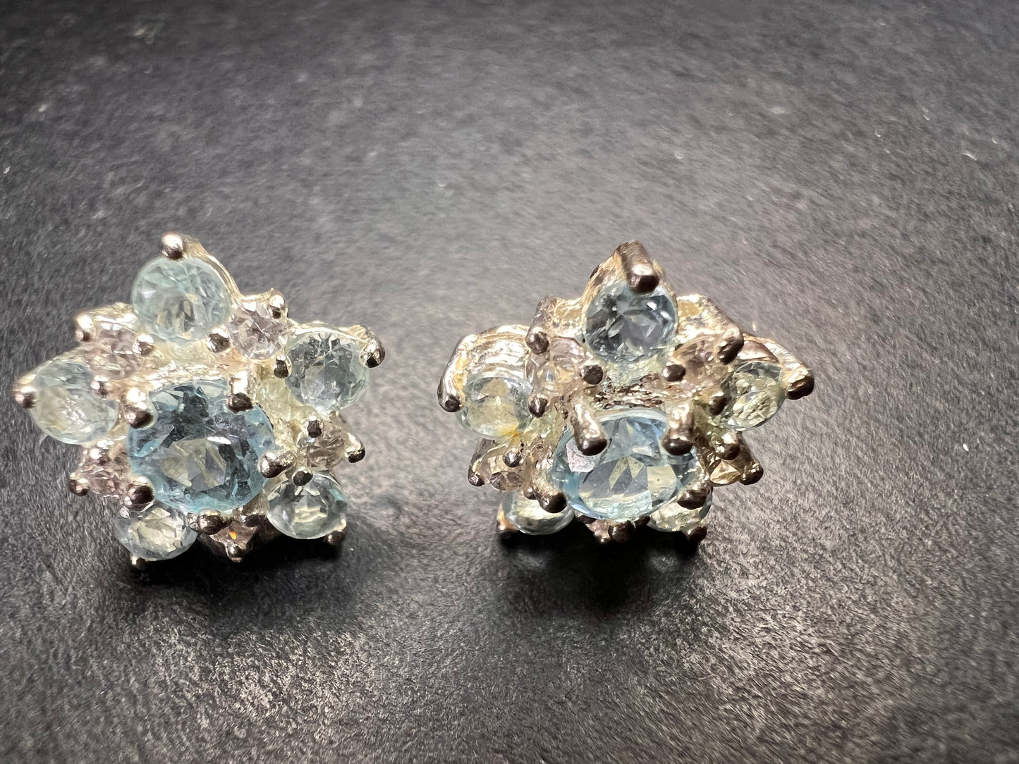 Vintage blue topaz and cz sterling silver snowflake stud earrings