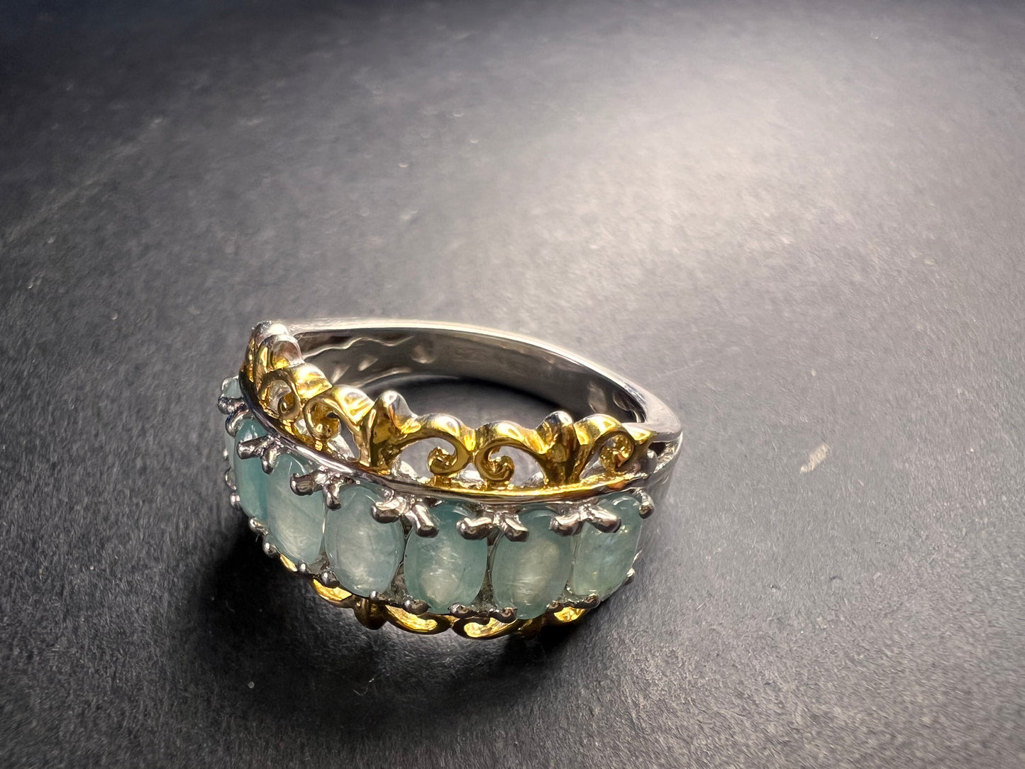 Grandidierite 7 stone two toned sterling silver ring size 5