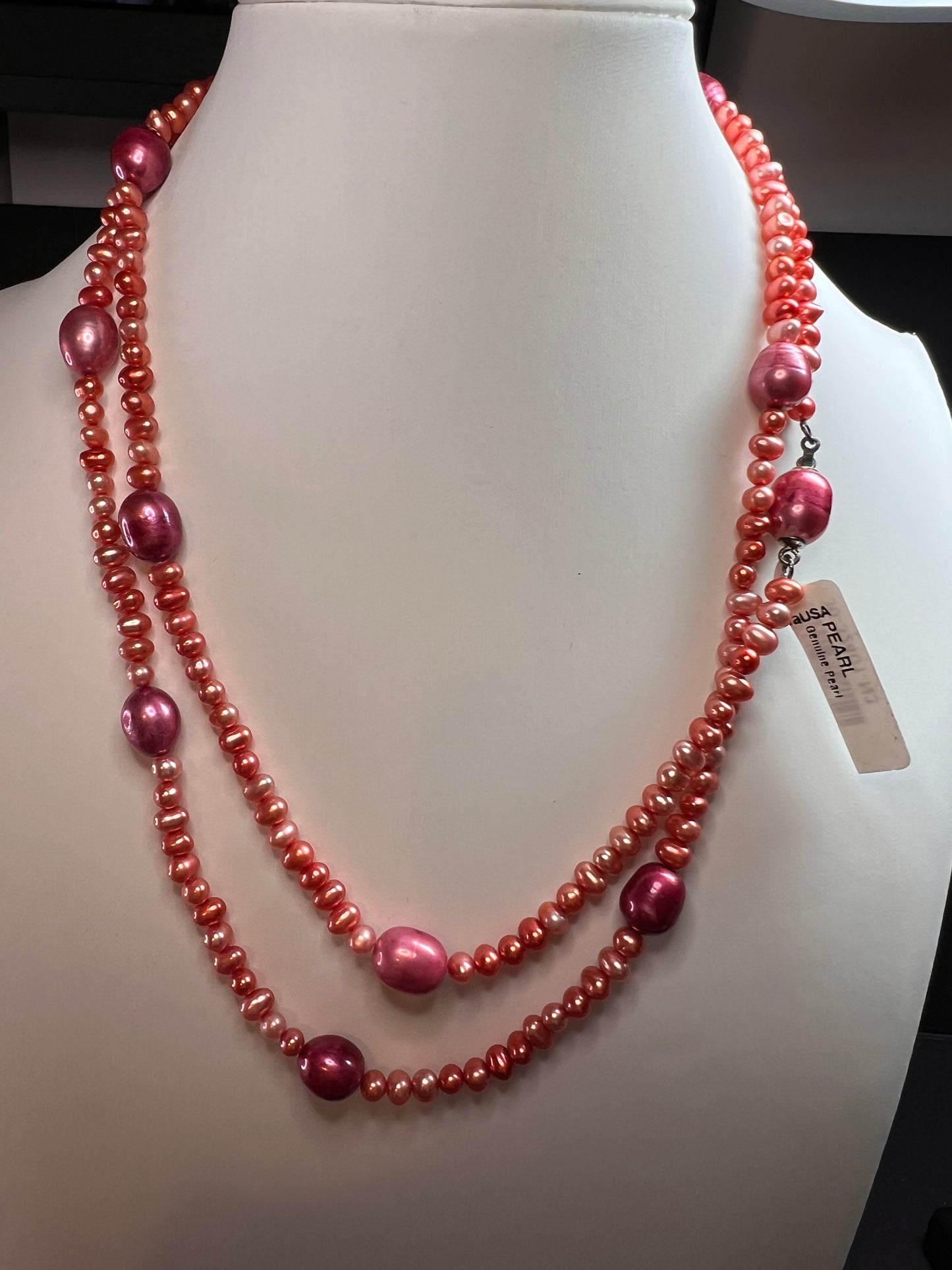 NEW coral and magenta colored freshwater pearl 36 inch station necklace with sterling silver clasp