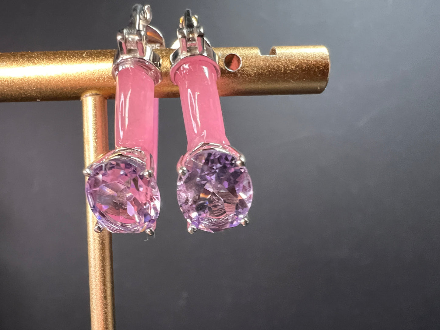 NEW Pink Jade and rose de France amethyst hoop earrings in rhodium over sterling silver