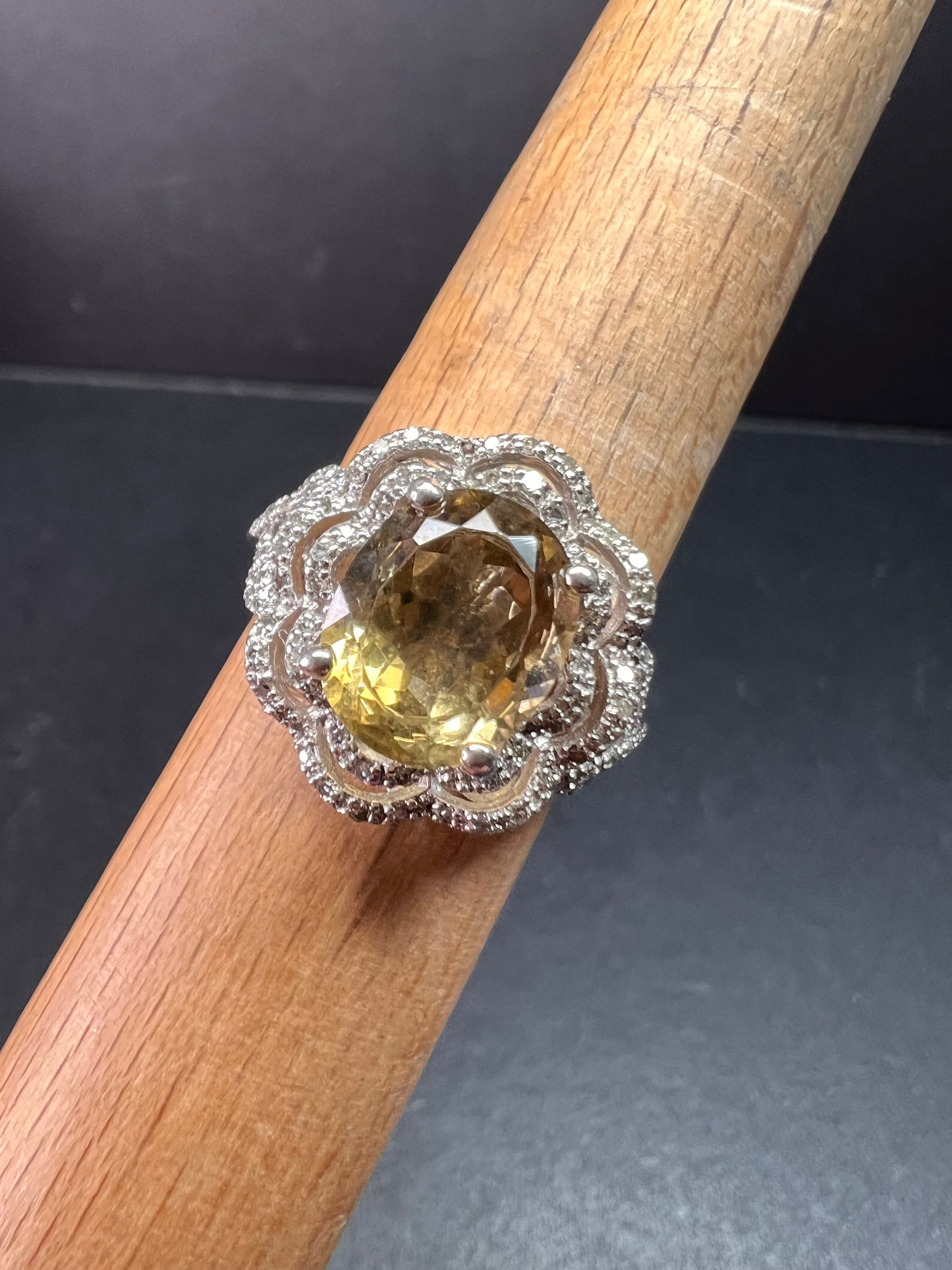 Citrine & Diamond Sterling Silver Scalloped Halo Ring Size 9