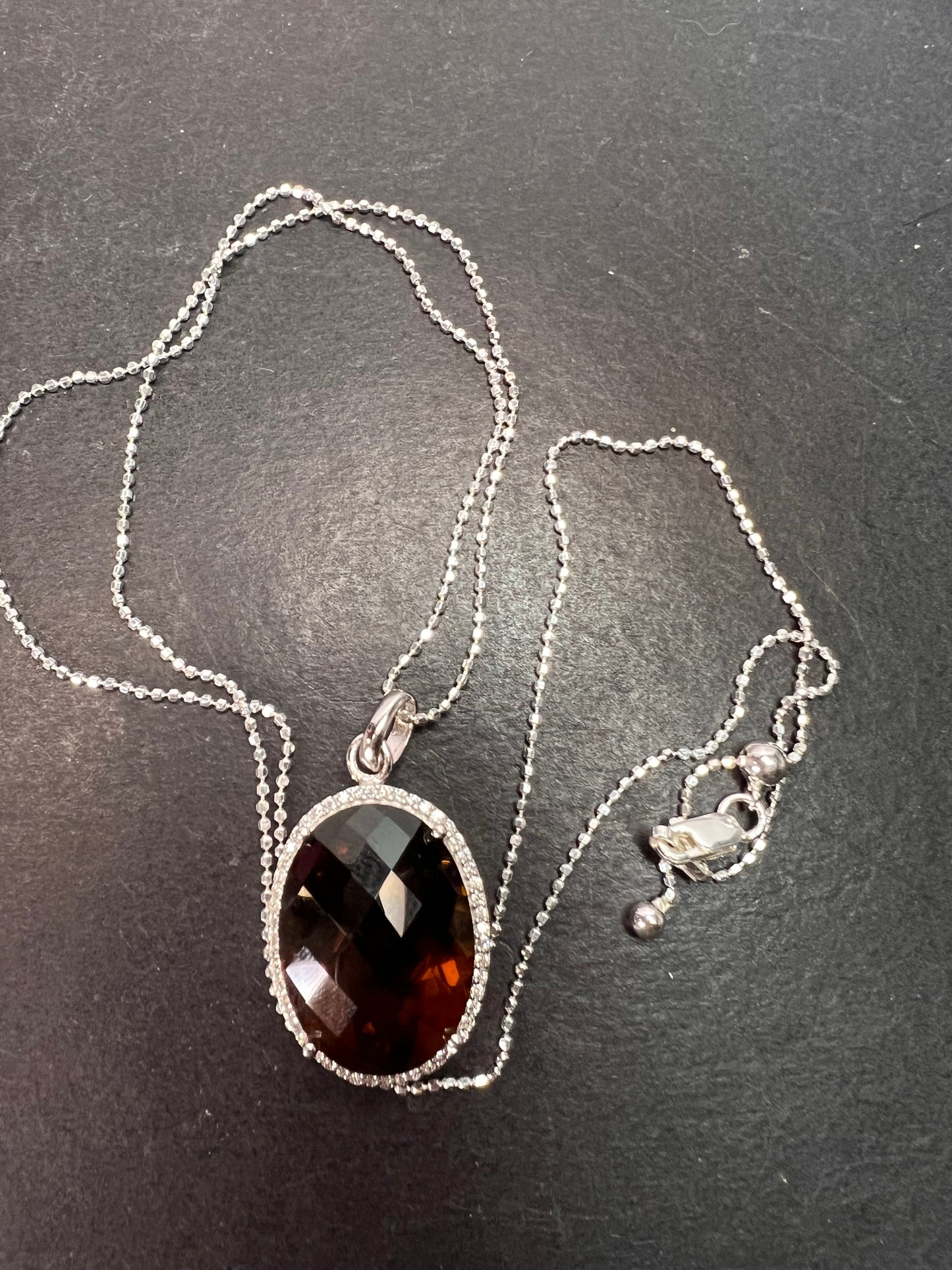 Cognac Quartz sterling silver halo pendant and chain