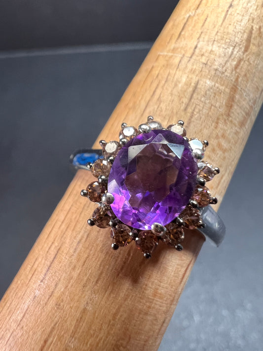 NEW Rose de France and brown zircon halo ring in platinum over sterling silver size 8