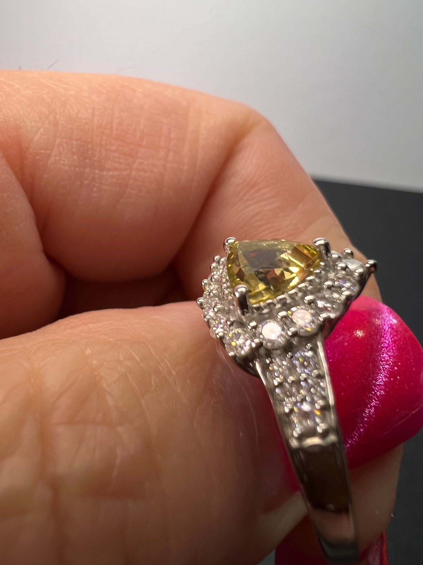 NEW yellow beryl and moissanite halo ring in platinum over sterling silver-size 7