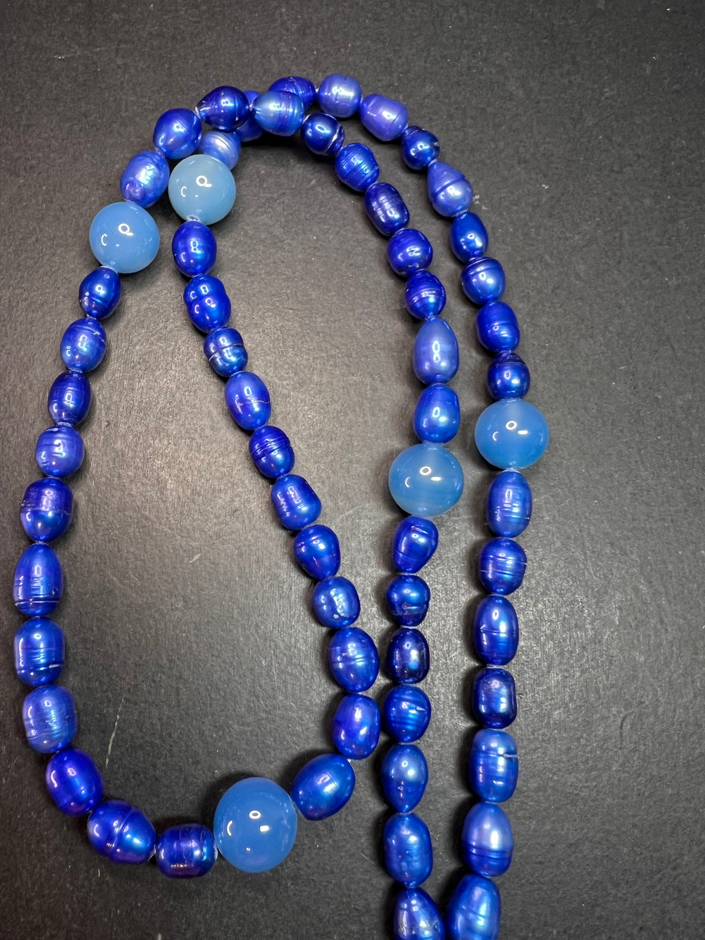 NEW blue freshwater pearls and agate 32 inch necklace with sterling silver clasp