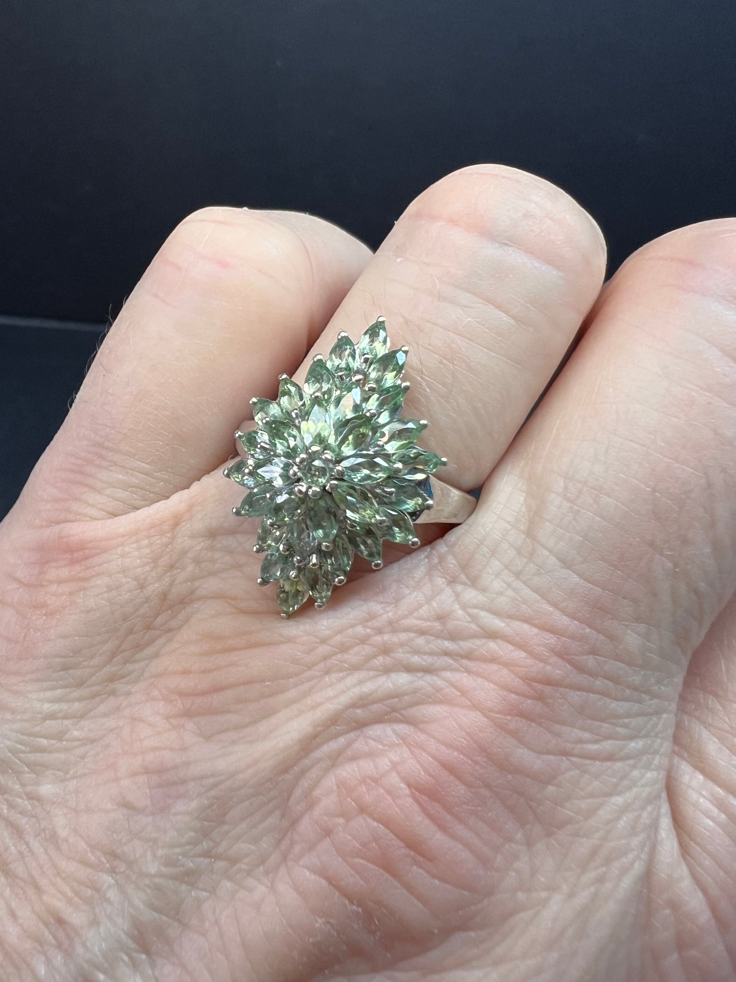 NEW Green apatite floral spray ring in rhodium over sterling silver size 7