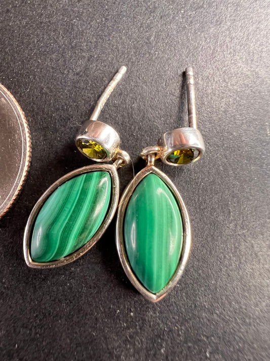 Malachite and olive CZ sterling silver marquise drop earrings