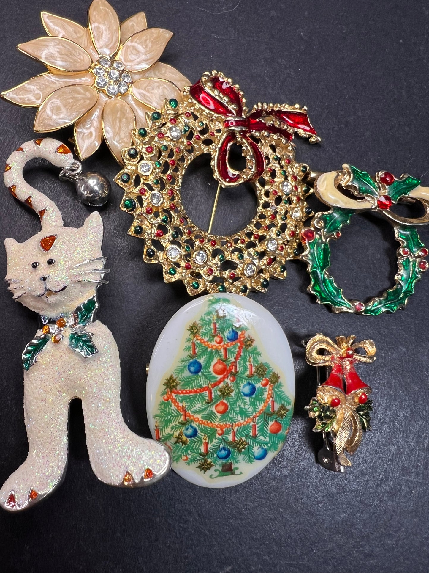 Vintage Christmas Brooch Lot of 6 Holiday Wreath Cat Tree Enamel Pins