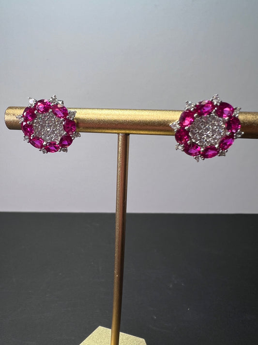 Lab pink sapphire and zircon flower sterling silver earrings