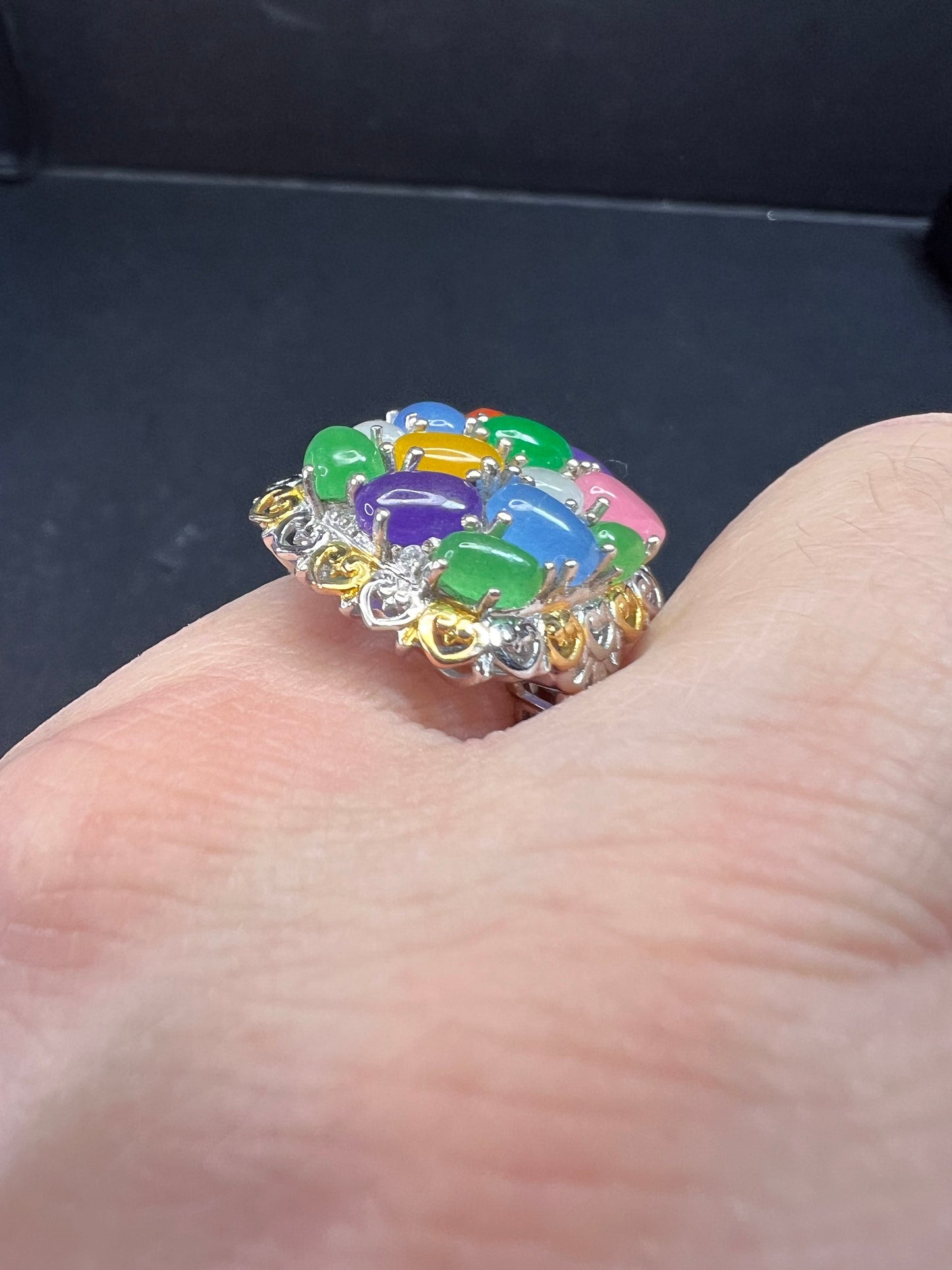 NEW rainbow harmony jade ring in vermeil and rhodium over sterling silver size 5