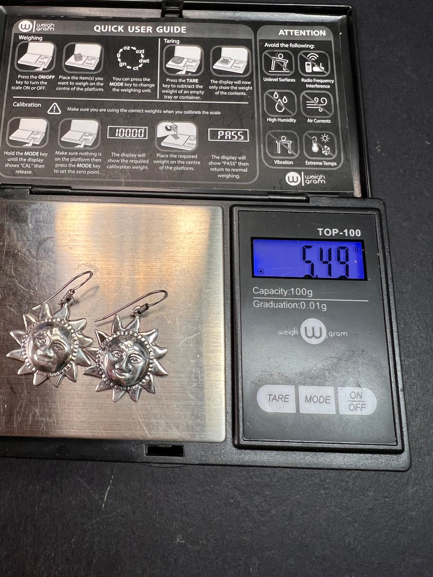 Vintage Sterling Silver Sun Face Dangle Earrings 925