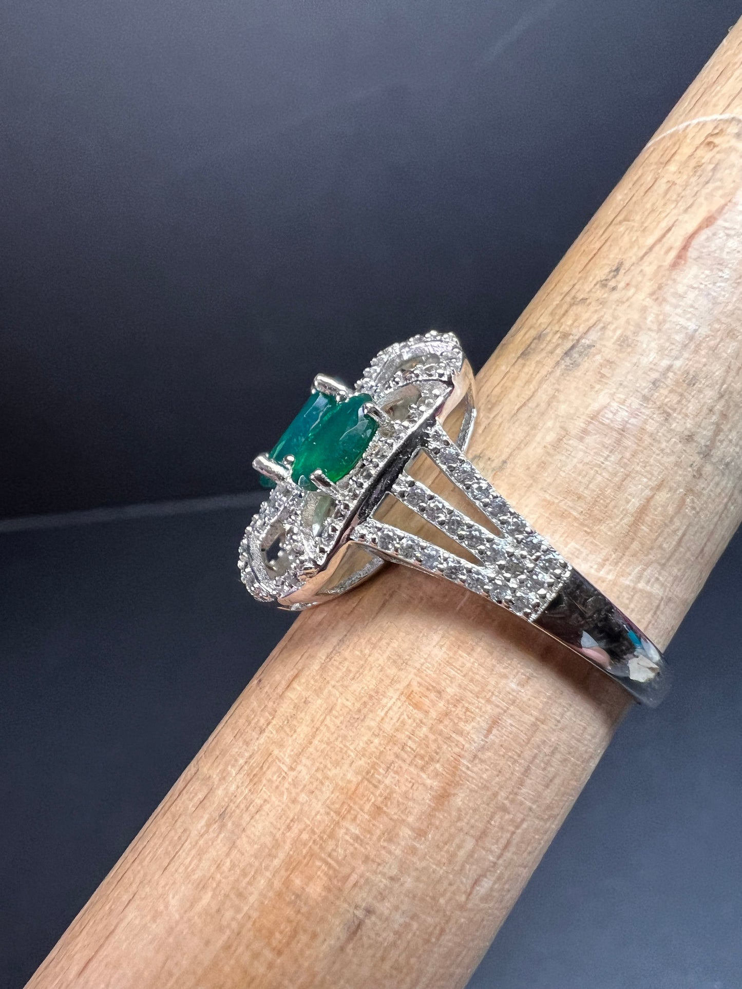 Synthetic emerald CZ sterling silver cocktail ring size 9