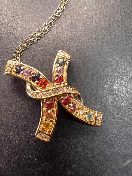NEW Rainbow sapphire curved cross pendant and chain in gold vermeil over sterling silver