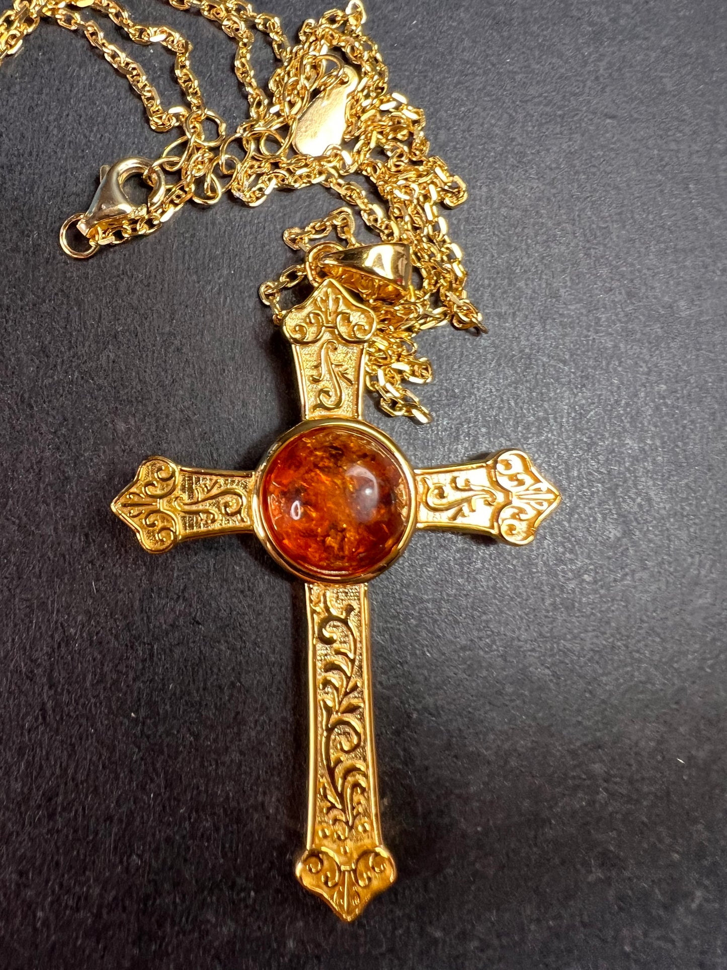 NEW Baltic Amber cross pendant in gold over sterling silver