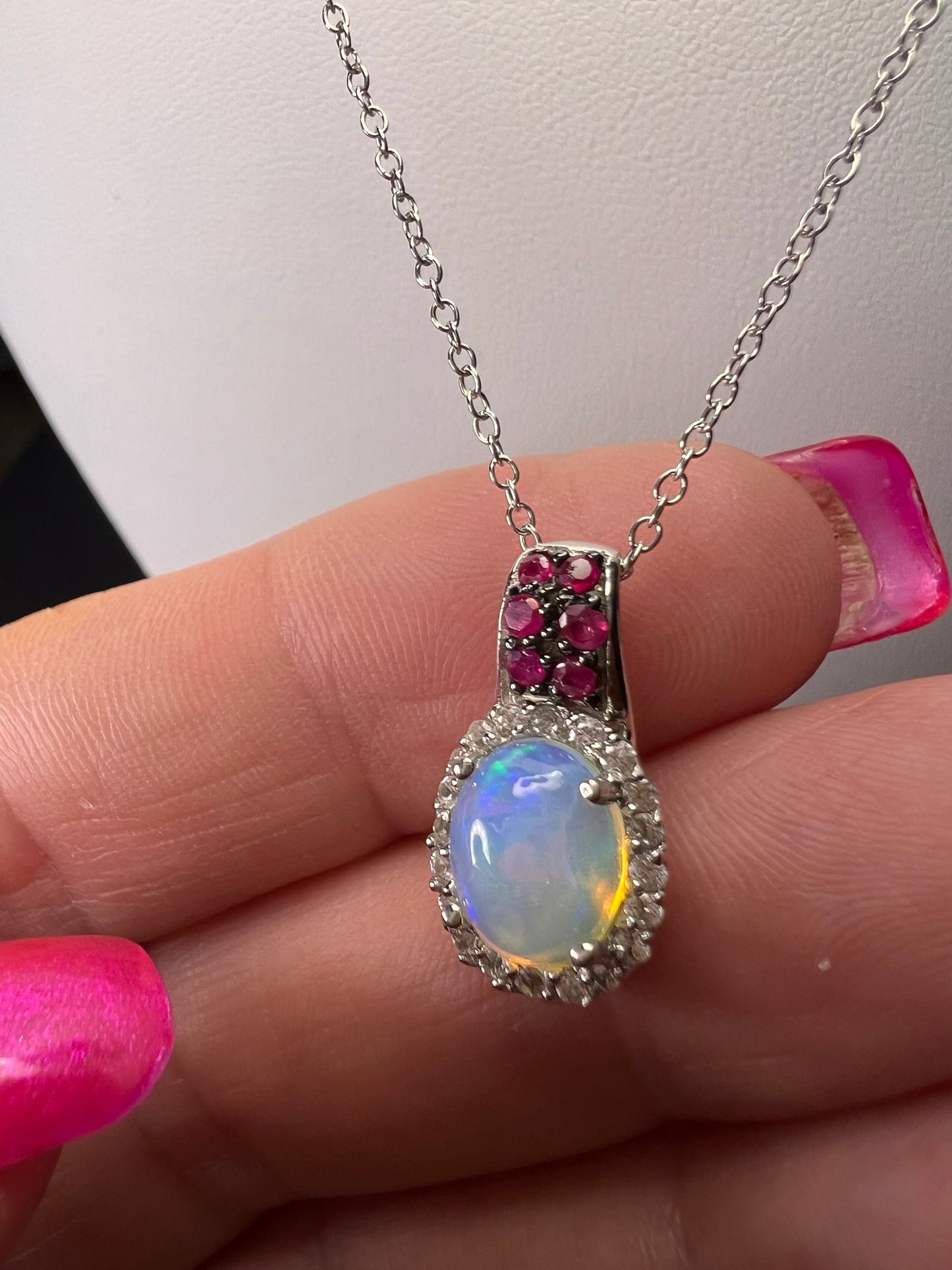 Ethiopian opal, ruby and zircon pendant and chain in platinum over sterling silver *NEW*