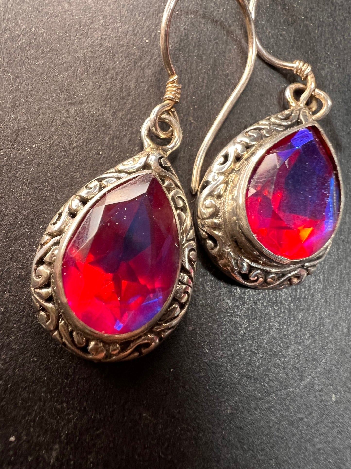 Volcanic Quartz Bali style sterling silver teardrop earrings