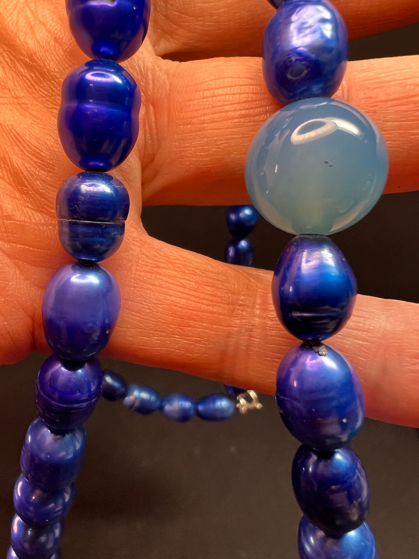 NEW blue freshwater pearls and agate 32 inch necklace with sterling silver clasp