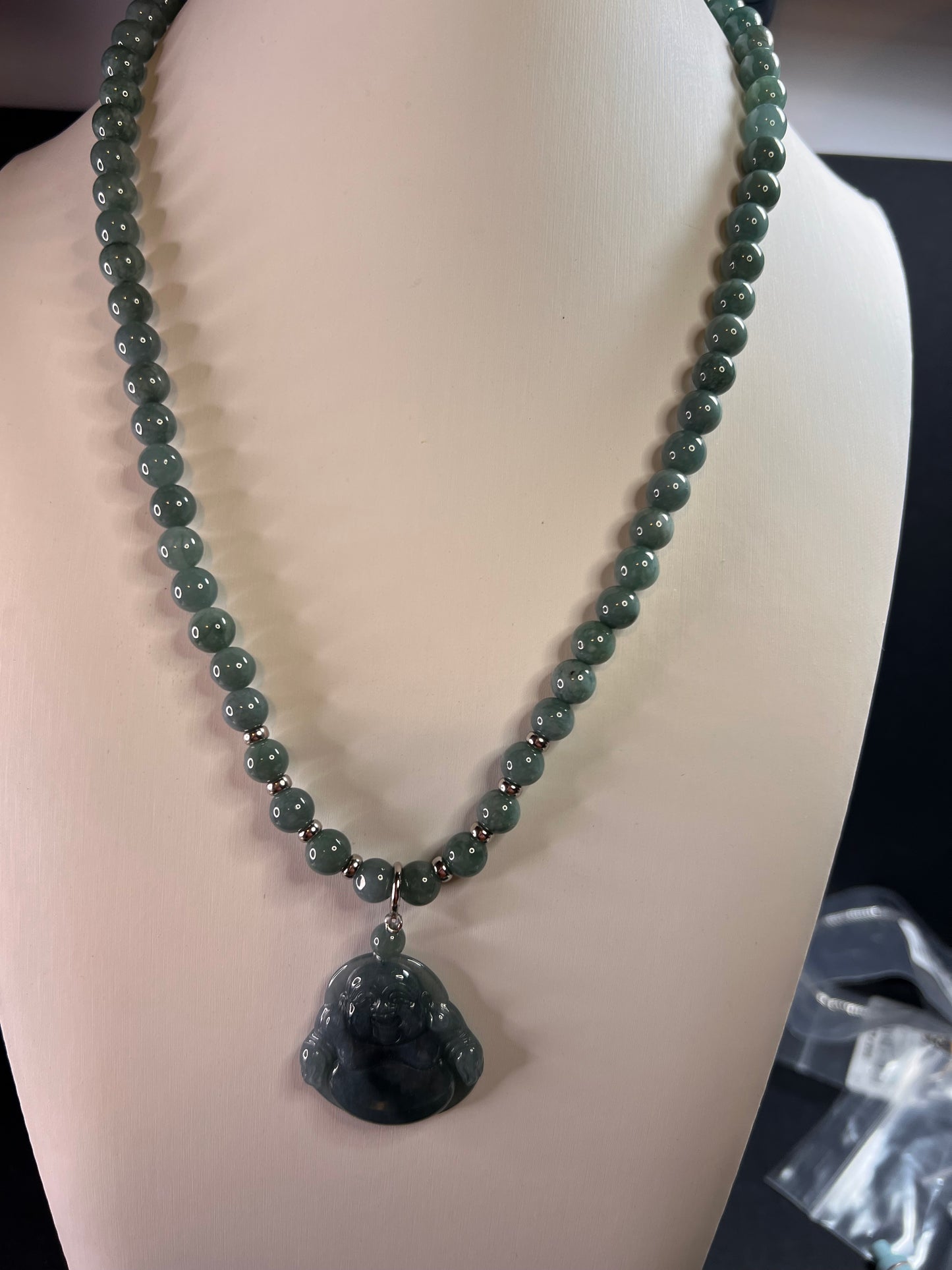 NEW Olmec Jadeite carved Buddha necklace in sterling silver