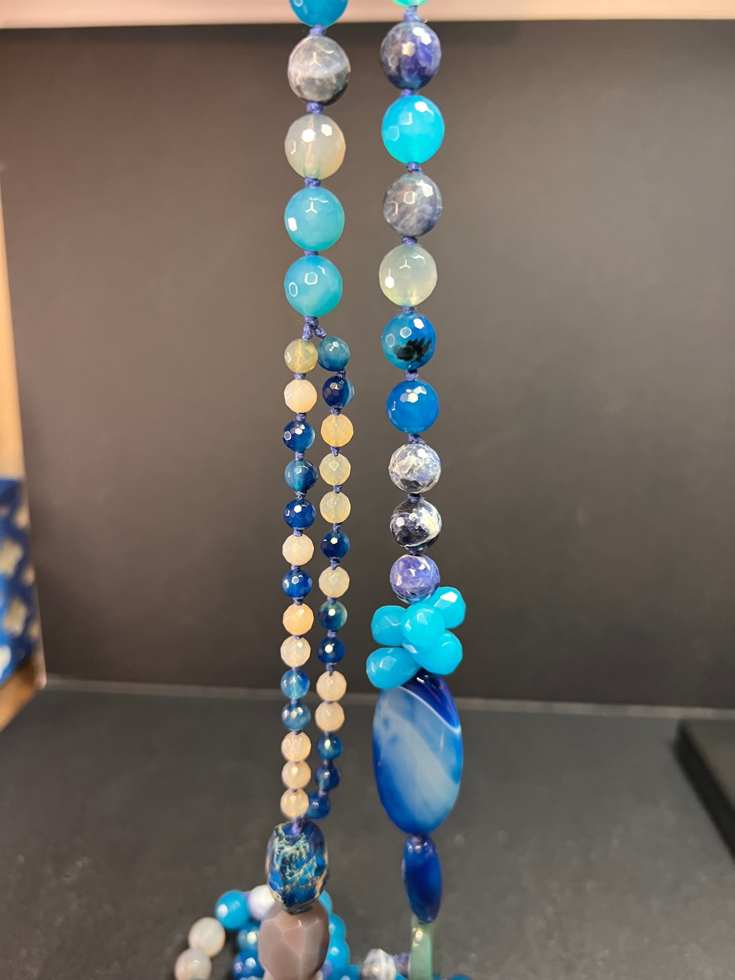 NEW multi blue semi precious stone station 36 inch necklace with sterling silver clasp