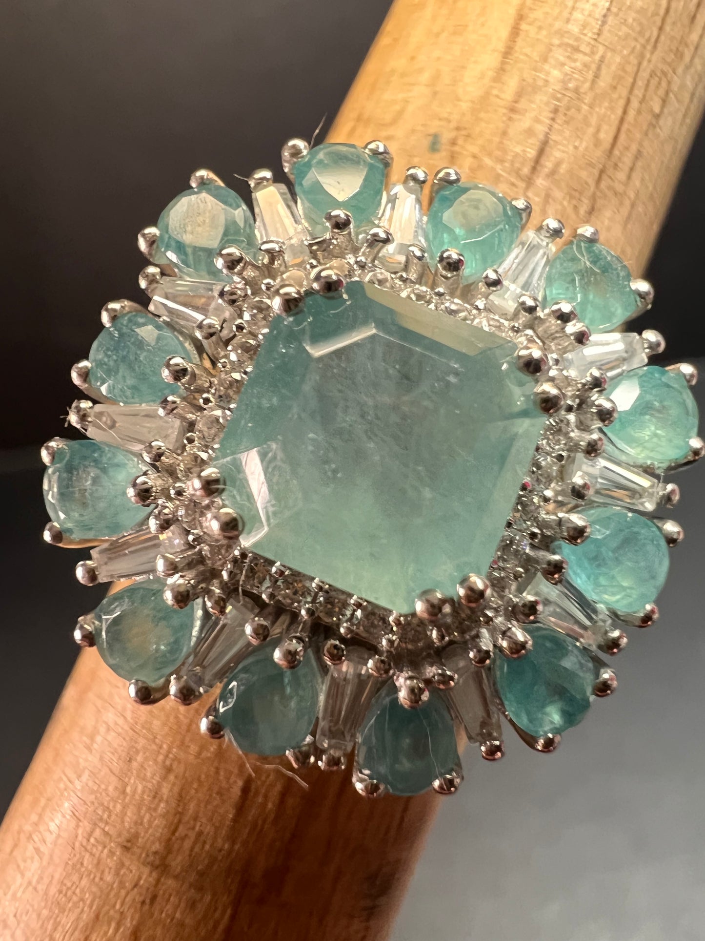 NEW grandidierite and zircon cocktail ring in rhodium over sterling silver size 7