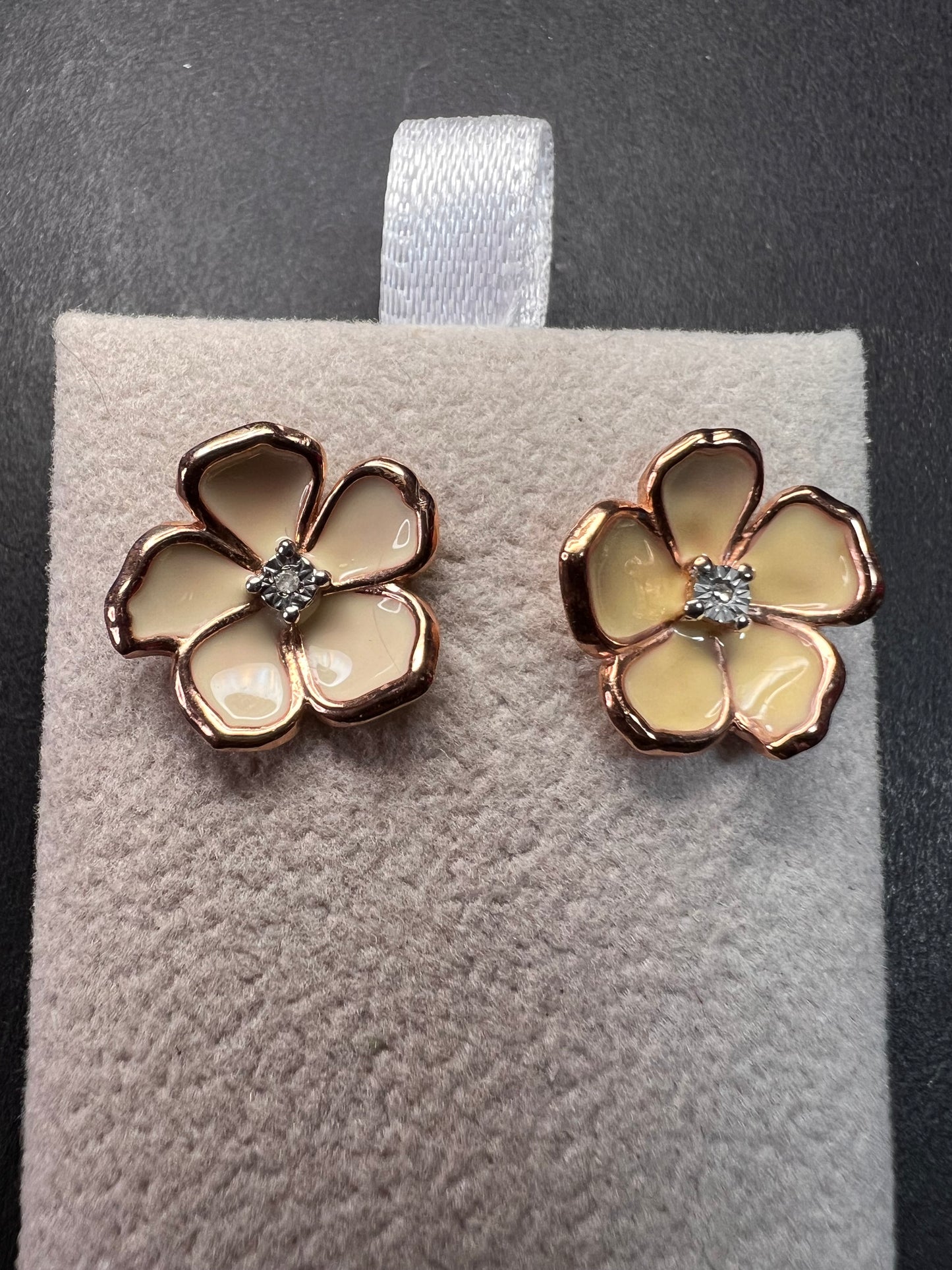 Diamond accent floral enamel earrings in rose gold over sterling silver