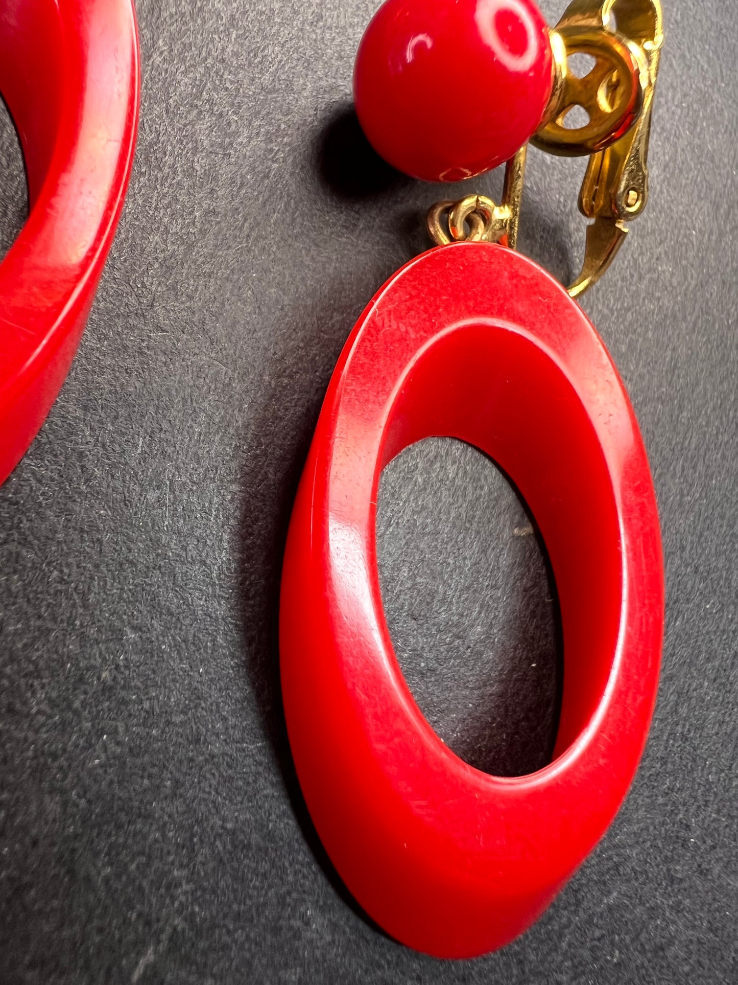 Vintage Trifari red lucite hoop clip on earrings