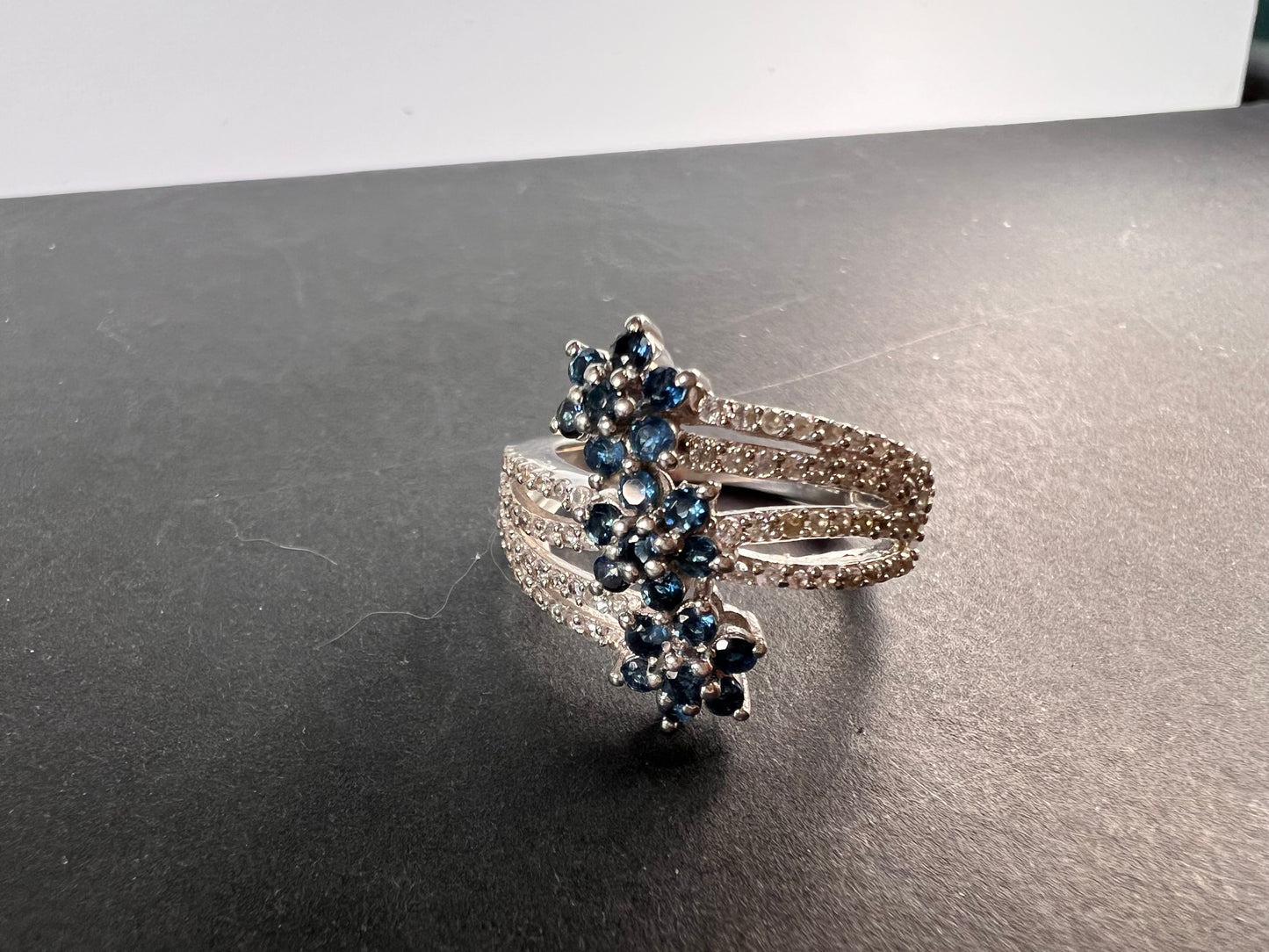 Blue tourmaline and zircon bypass ring in sterling silver size 9