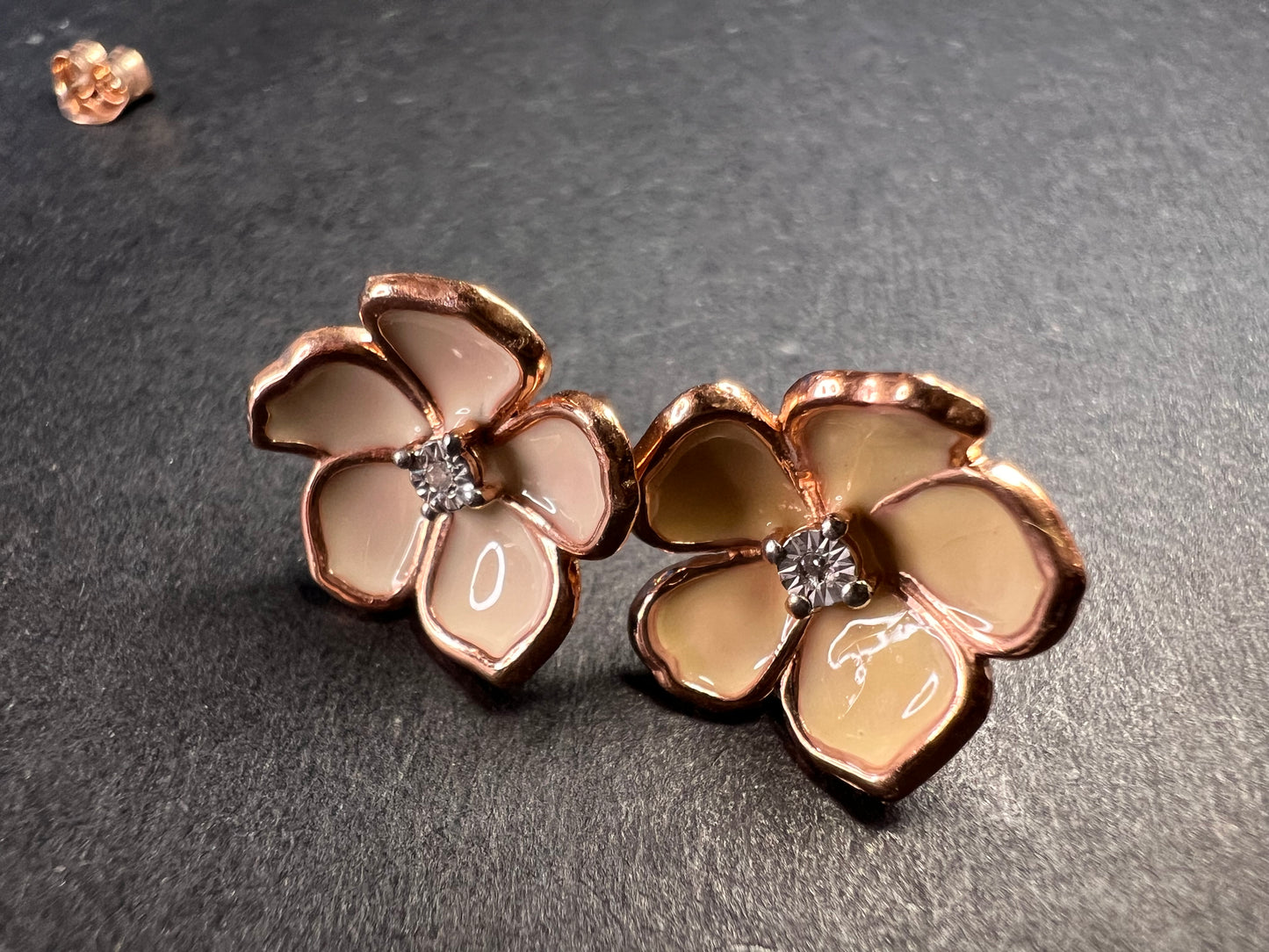 Diamond accent floral enamel earrings in rose gold over sterling silver