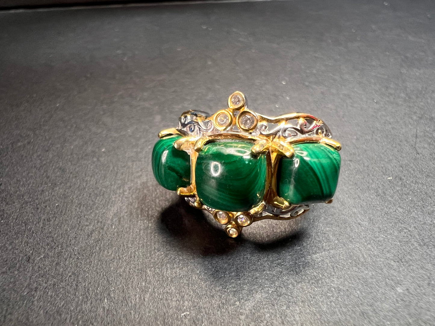 NEW Malachite and zircon two toned ring in vermeil and rhodium over sterling silver size 7