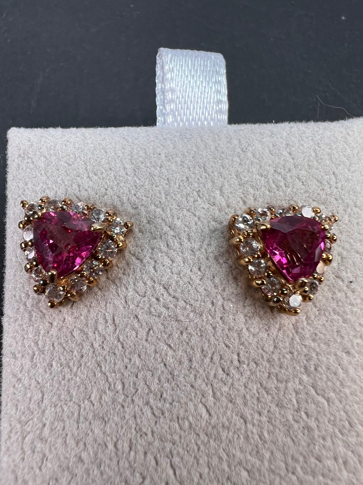 Pink topaz and zircon halo stud earrings in 18k rose gold over sterling silver