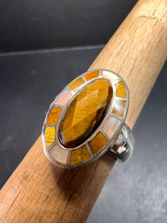Whitney Kelly tigers eye and mother of pearl sterling silver ring size 7