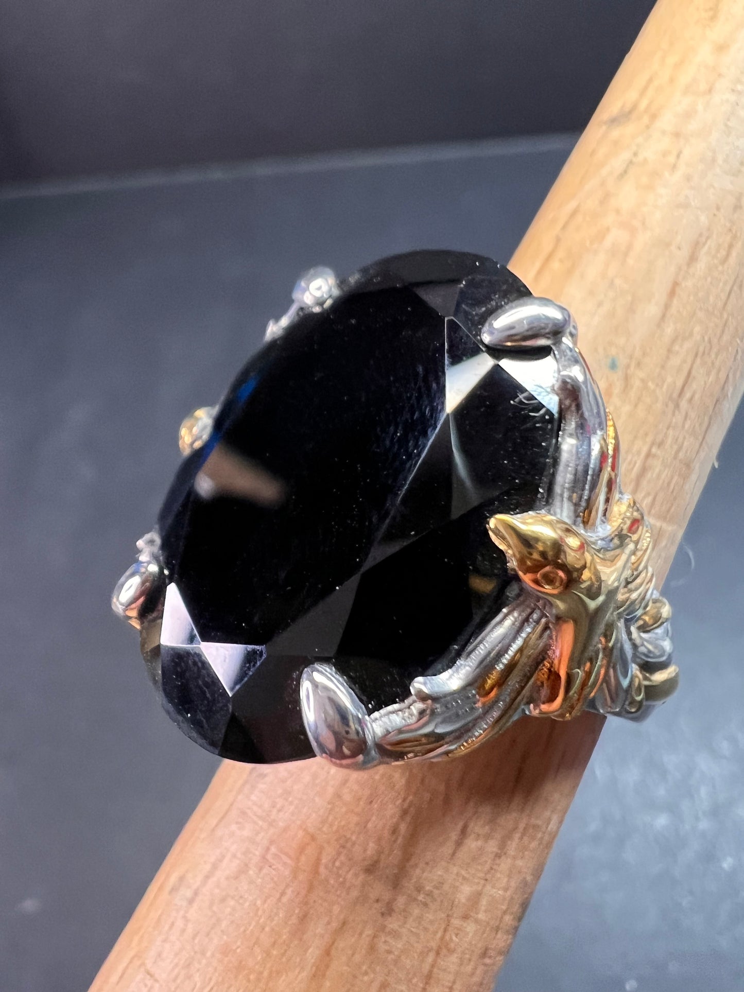 NEW Black spinel Phoenix ring in rhodium and gold vermeil over sterling silver size 7