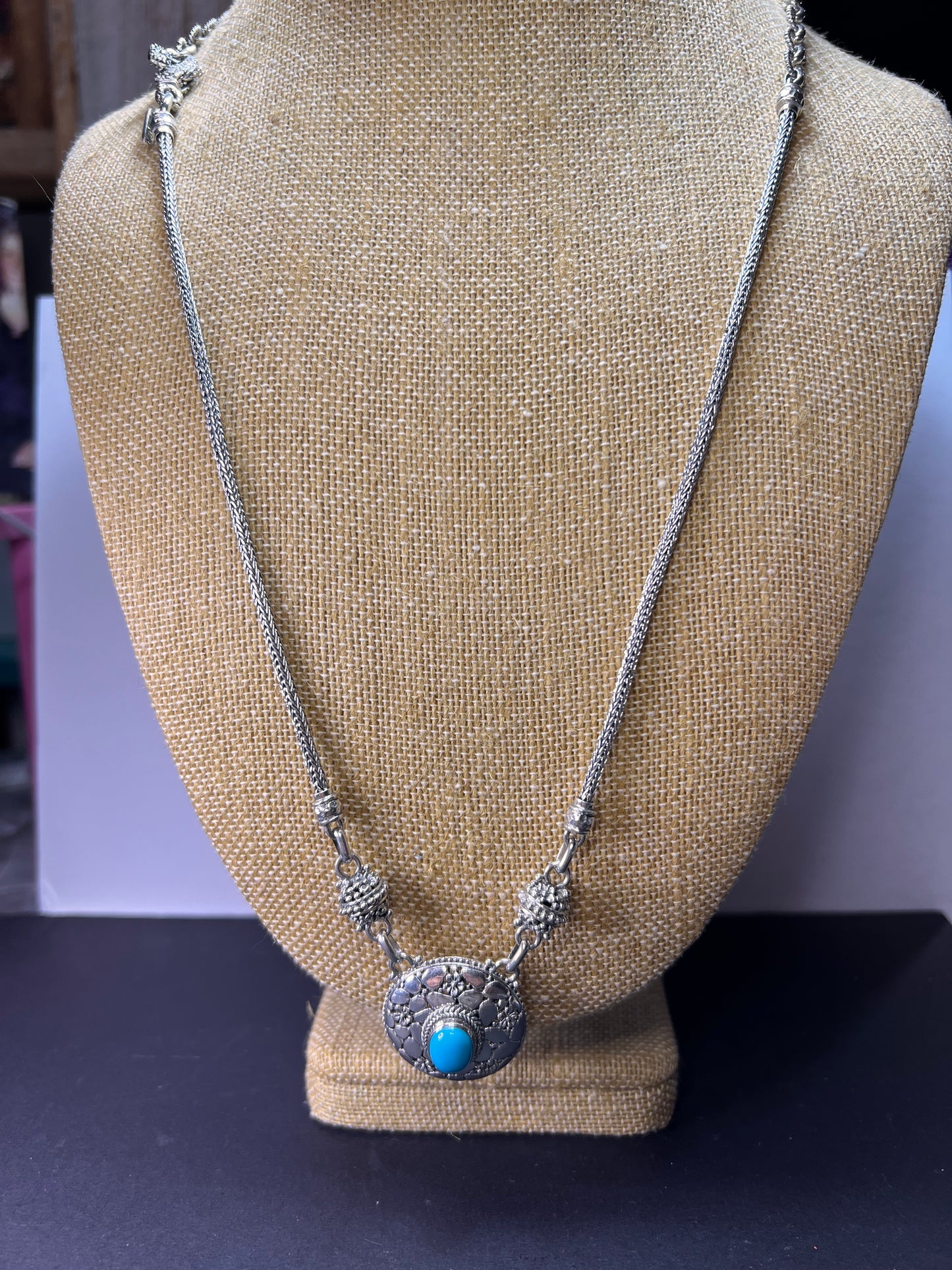 Sarda vintage turquoise Sterling silver Byzantine station 2 clasp adjustable necklace 16-25 inches