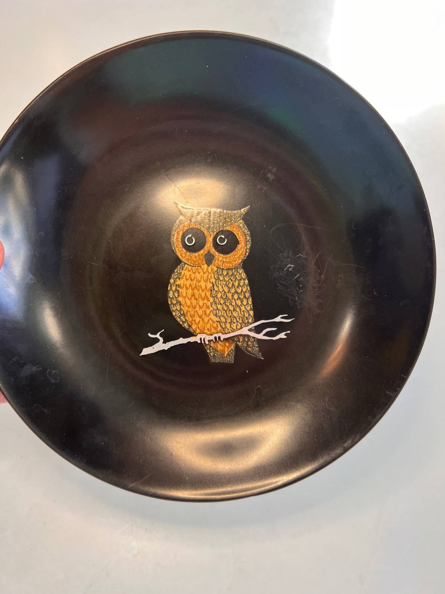 Vintage Couroc of Monterey Owl Inlay Bowl | MCM Black Resin Serving Dish 7.5"