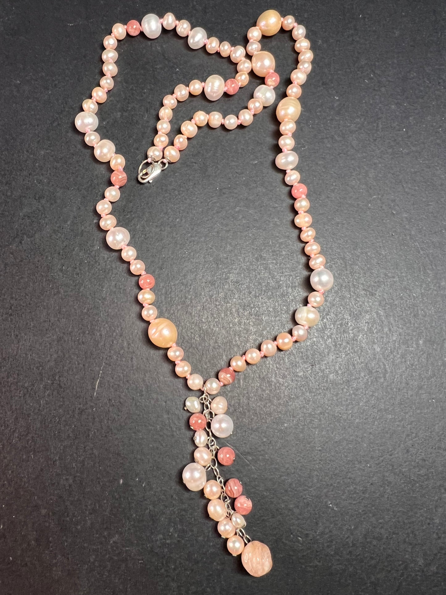 NEW freshwater pearl, rhodochrosite and morganite necklace with sterling silver clasp
