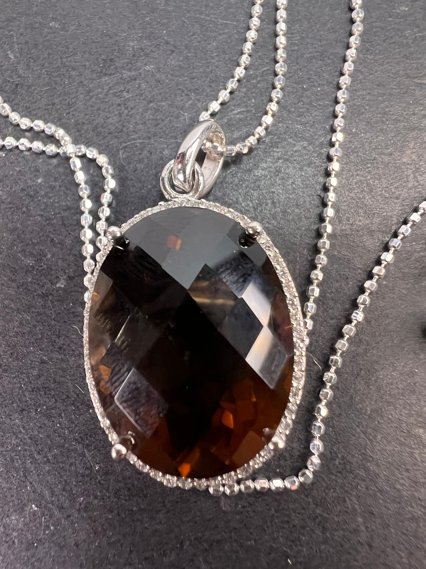 Cognac Quartz sterling silver halo pendant and chain